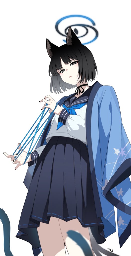 kikyou (blue archive) 1girl animal ears solo black hair skirt halo white background  illustration images