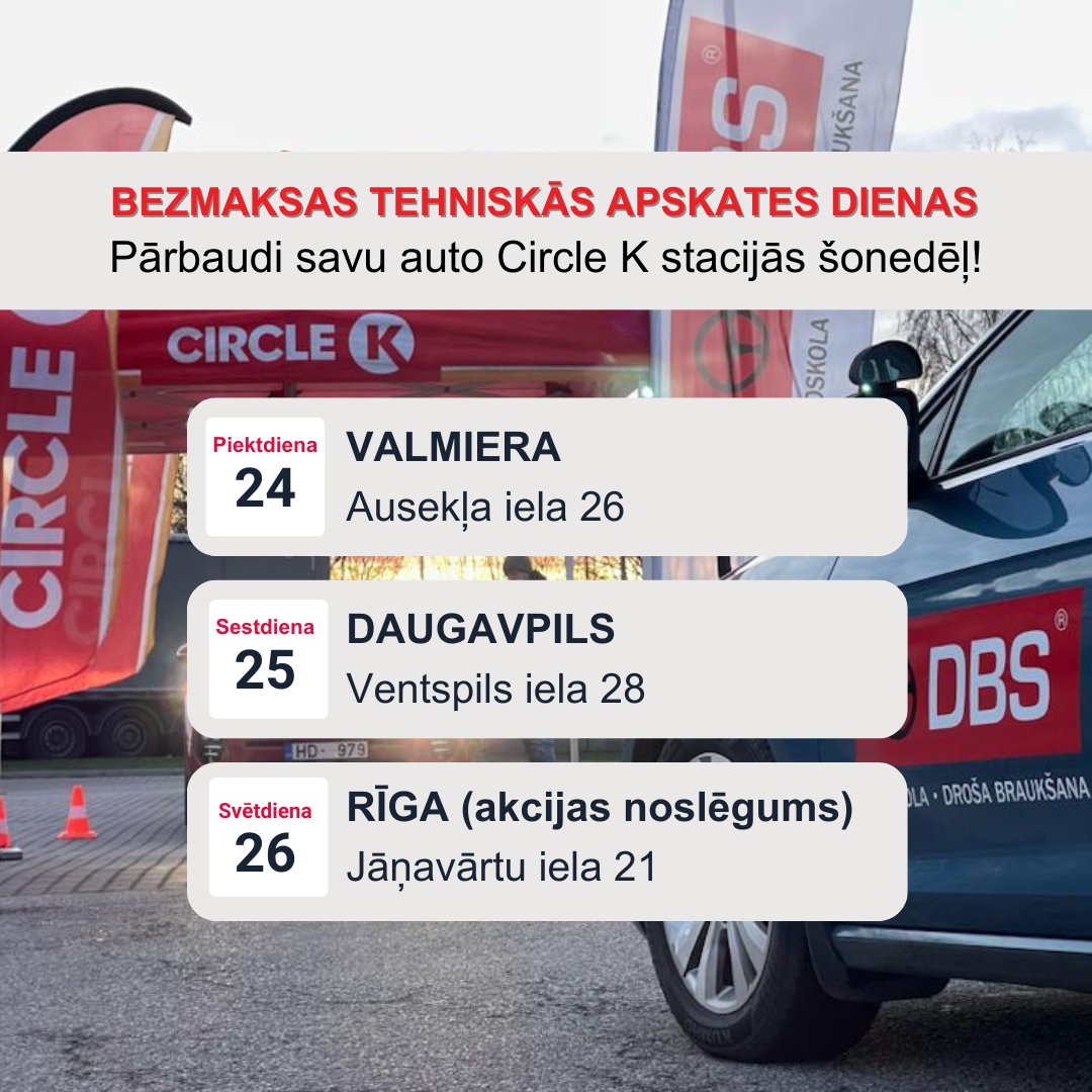 Tiekamies noslēdzošajās bezmaksas tehniskās apskates dienās šajā nedēļas nogalē!🥳

✅Šodien - Valmiera
✅Rīt - Daugavpils
✅Parīt - Rīga!

Gaidīsim Tevi <a href="/CircleKLatvija/">Circle K Latvija</a> stacijās no 11:00 līdz 18:00!