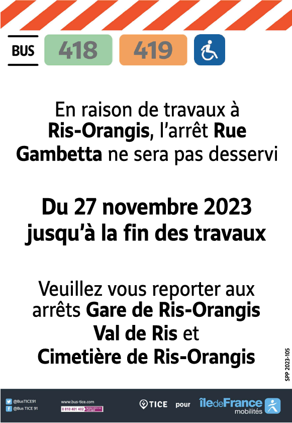 EvryEss_IDFM's tweet image. #InfoTrafic Des travaux à Ris-Orangis perturberont vos lignes #bus407, #bus418 et #bus419 à partir du 27/11/2023 dans le secteur de la gare de Ris-Orangis Val de Ris. Nous vous présentons nos excuses pour les désagréments occasionnés.