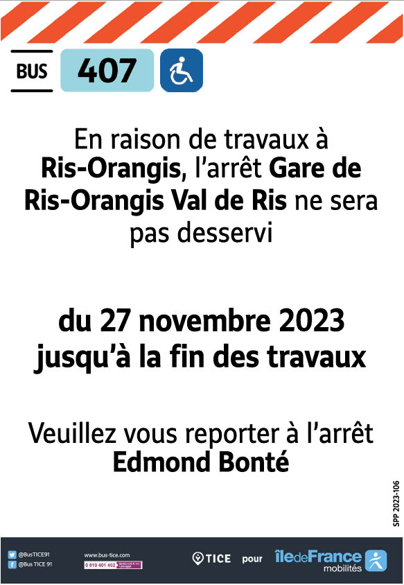 EvryEss_IDFM's tweet image. #InfoTrafic Des travaux à Ris-Orangis perturberont vos lignes #bus407, #bus418 et #bus419 à partir du 27/11/2023 dans le secteur de la gare de Ris-Orangis Val de Ris. Nous vous présentons nos excuses pour les désagréments occasionnés.
