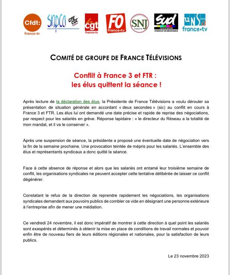Trois semaines de grève ! Les salariés de #France3 Auvergne et Limousin continuent leur mobilisation contre #Ici1213 et #Ici1920, comme ailleurs en region : aujourd’hui « black friday » façon écran noir ⬛️✊🏿✊✊🏼. liberation.fr/economie/media…
