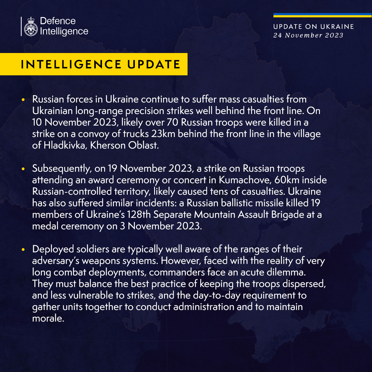 Latest Defence Intelligence update on the situation in Ukraine – 24 November 2023. Please read thread for image text 