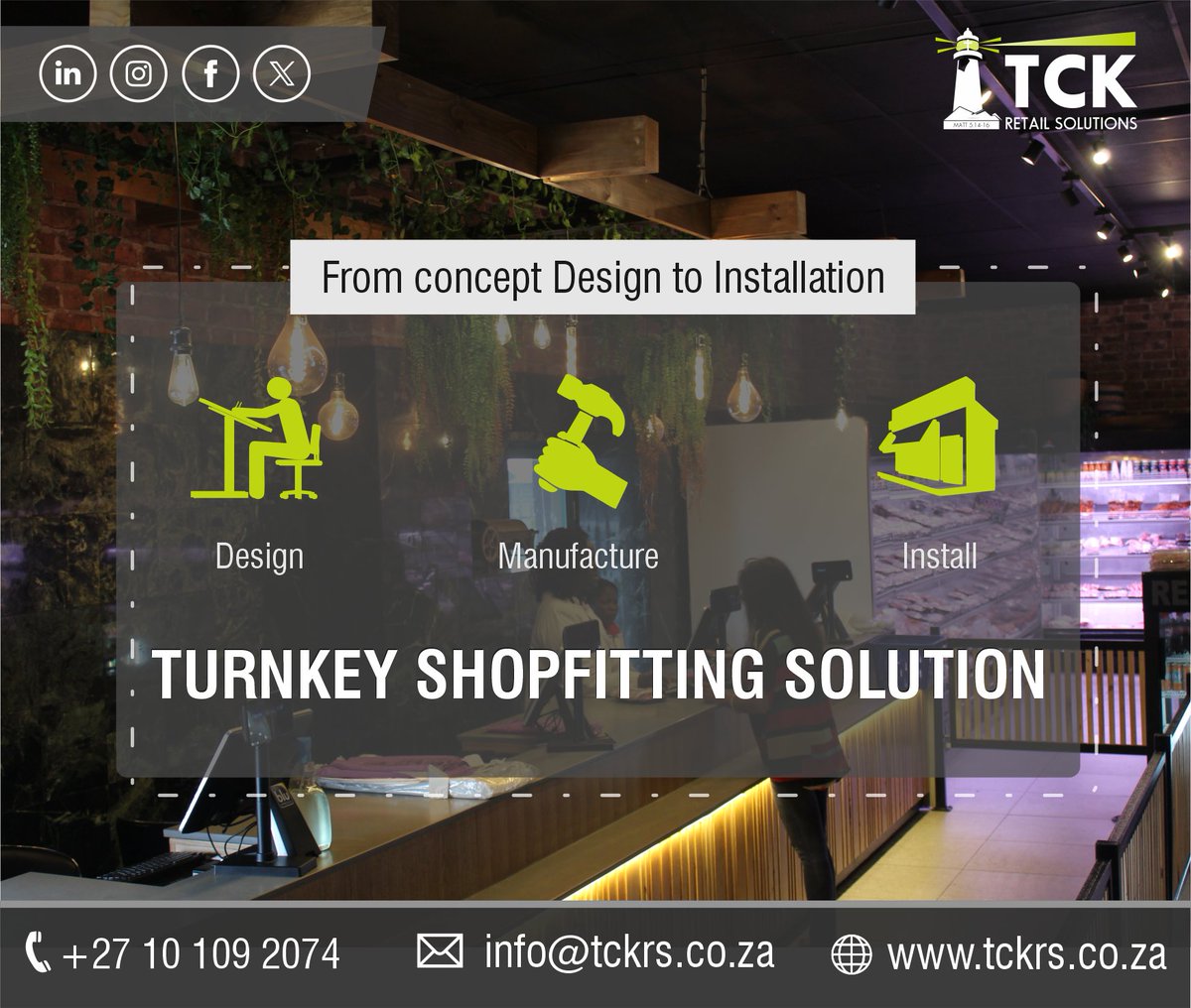 TCK_Retail's tweet photo. Turnkey Shopfitting Solutions

https://t.co/FtubAxQL6x | info@tckrs.co.za | +27 10 109 2074

#design #checkout_counters #store_design #shopfitters
#shopfitter #shopfitting_solutions #retail_store_design #shop_design #butchershop #butcheryshop #tckrs #tckretailsolutions https://t.co/HUR8fcFlsh