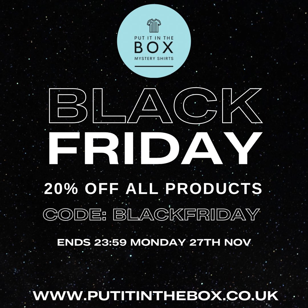 putitinthebox_'s tweet photo. ⚫️⚫️ Our BLACK FRIDAY sale is now live! ⚫️⚫️

20% off all products!

Code: BLACKFRIDAY

Ends 23:59 Monday 27th Nov

https://t.co/HvIigWf07R

#blackfriday #colourfriday #putitinthebox #mysteryshirt #mysteryfootballshirt https://t.co/I0Bb101G90