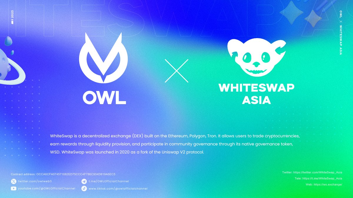 owlweb3's tweet photo. @owlweb3 is thrilled to announce our partnership with @WhiteSwap_Asia 👏
🔥WhiteSwap is a decentralized exchange (DEX) built on the Ethereum, Polygon, Tron.
👏Look forward to future collaboration updates
#ScoialFi #OWL @binance https://t.co/qJhCh2KJ9l