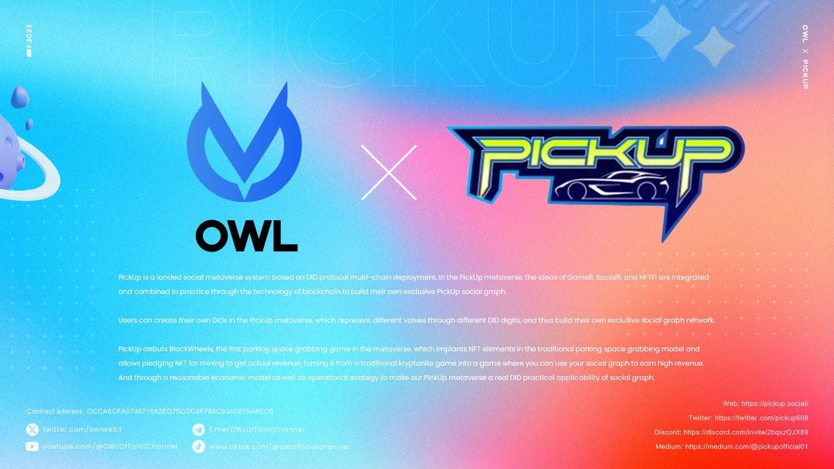 owlweb3's tweet photo. @owlweb3 is thrilled to announce our partnership with @pickup608🎉
🔥PickUp is a landed social metaverse system based on DID protocol multi-chain deployment
👏Stay tuned for our collaboration updates!
#ScoialFi #OWL @binance https://t.co/sdLH2DWHPz