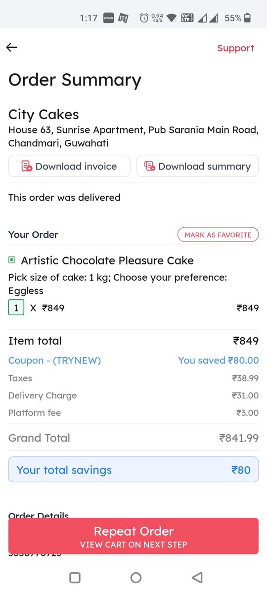 Hifrin19's tweet photo. @zomato what behaviour is this? I placed order for 1 kg cake which I paid and you are sending it for 500 gms? When asking for refund you are just giving some lame excuses? https://t.co/XaGCr3K9xA