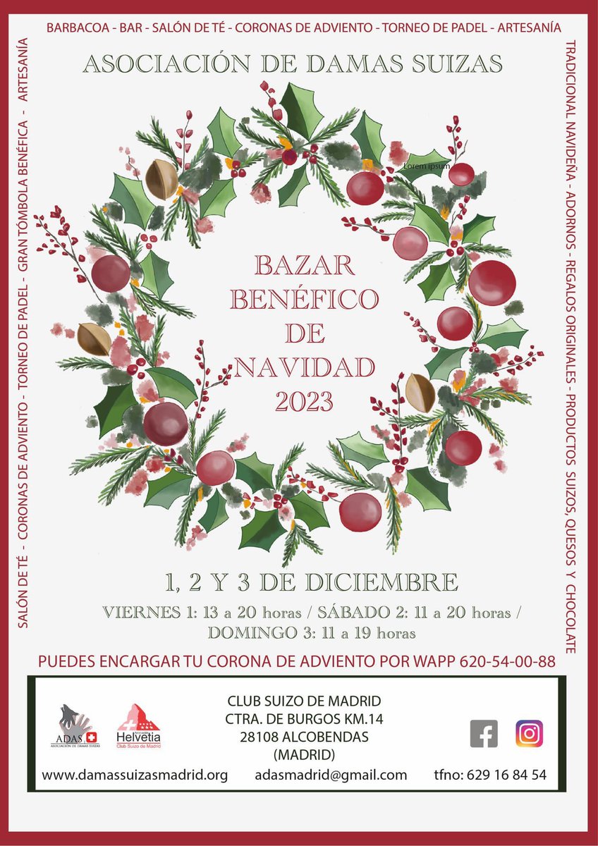 embsuizaespana's tweet photo. El tradicional Bazar benéfico de Navidad de la Dámas suizas (ADAS) tendrá lugar los 1,2 y 3 de diciembre de 2023 en el Club Suizo de Madrid. No se lo pierdan ! https://t.co/qfPD8BtHoO