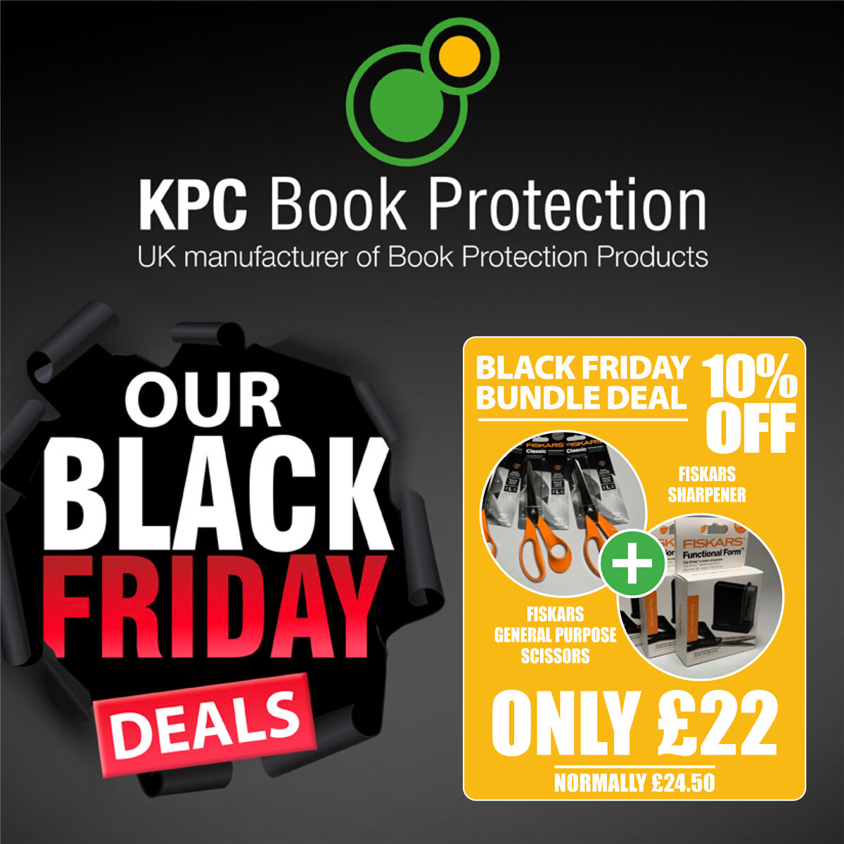 KPCBookProtect's tweet photo. Black Friday has arrived!

Check out our offers 👇

5% off all online orders using: BLACKFRIDAY5.

10% off Fiskars Scissors &amp; Sharpener bundle.

Valid for today only, don't miss out 👉 https://t.co/7BAbe3PAdm 

#BlackFriday #Offers #OfficeSupplies https://t.co/olSB826ORg