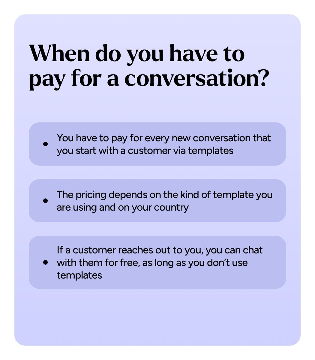 superchat_com's tweet photo. How does #WhatsApp pricing work? When do WhatsApp messages count as conversations?

Since WhatsApp charges are based on conversations, it's important to know when they start counting them. 💸

Check out our YouTube Channel for more content

👉 https://t.co/M7IJD5RsET https://t.co/yntzSbrkcR