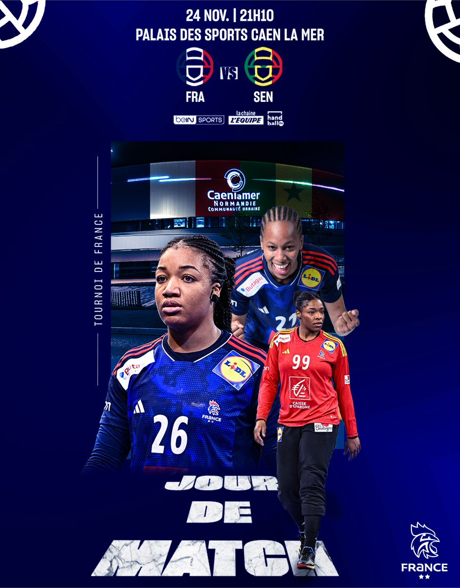 FRAHandball's tweet photo. JOUR DE MATCH ! 🇫🇷⚡🇸🇳
🤾♀️#FRASEN | Tournoi de France 2023
⏰ 21H10
📍Palais des Sports Caen la mer
📺 @beinsports_FR | @lachainelequipe | HandballTV
📱#BleuetFier
ALLEZ LES BLEUES ! ✊🇫🇷 https://t.co/dLERI2XduV