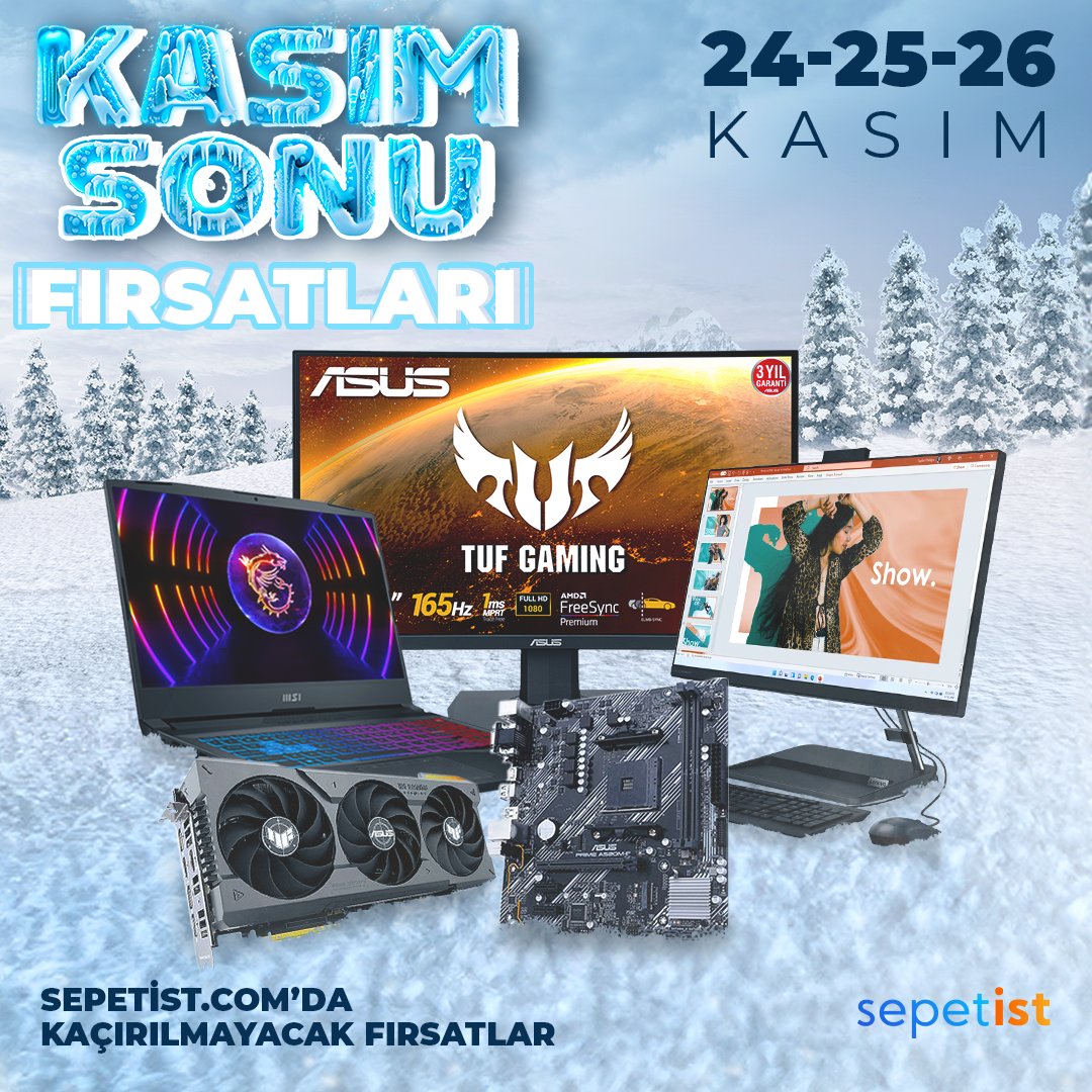 24-25-26 Kasım tarihleri arasında, seçili ürünlerdeki 'Kasım Sonu' fırsatlarını kaçırmayın!

#sepetist #indirim #kampanya #uygunfiyat #fırsat #kasımfırsatları #bilgisayar #laptop #gaminglaptop #monitör #gamingmonitör #ekrankartı #anakart