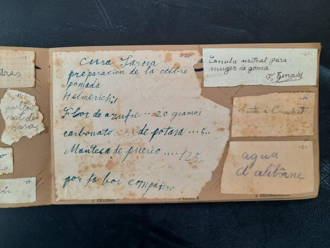 El meu avi Lluís,fill d'Olot,el van desterrar a Vilanova i la Geltrú. Allà es va fer farmacèutic i es va dedicar durant + de 50 anys a col.leccionar els paperets on la gent portava apuntat la comanda medicinal. Uns àlbums meravellosos que he ofert a la ciutat però sense resposta.