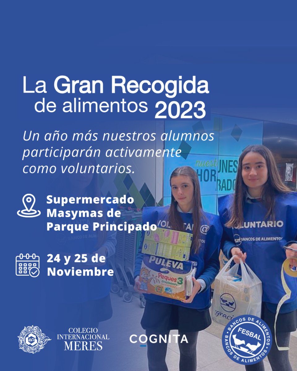 ColegioMeres's tweet image. GRAN RECOGIDA DE ALIMENTOS 2023 📦👉 Un año más queremos apoyar la iniciativa de @fesbal_org 

Podréis encontrar a nuestros alumnos voluntarios en el @supermasymas de @parque_prin 📍

¡Participa tú también donando alimentos!

#LaGranRecogida2023 #ColegioMeres #CognitaWay