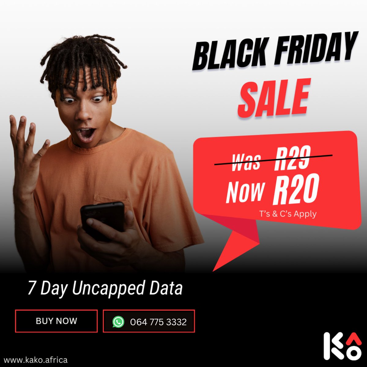 Black Friday is here, and so are amazing deals from KaKo! 🌟 Get 7 day unlimited data @R20 and 30 day unlimited data @R79. Reach us on WhatsApp at 064 775 3332 to claim yours. Offer valid until Nov 30. #BlackFridayDeals #MoreValue #DataSpecials #CosmoCity #KaKo @cosmocityzen