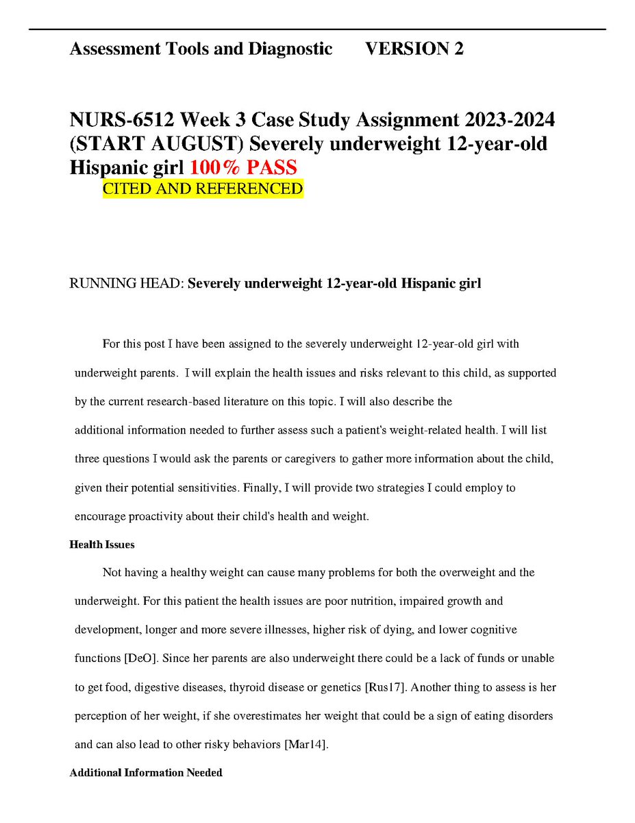 JohnMatah699's tweet image. NURS 6512 Week 3 Case Study Assignment 2023/2024 (START AUGUST) Severely Underweight 12 Year Old Hispanic Girl 100% PASS
#nurs6512 #casestudyassignment #fliwy
fliwy.com/item/377819/nu…