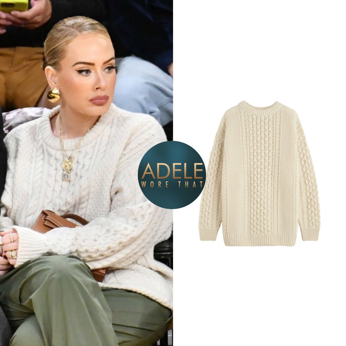 adeleworethat's tweet image. 22|11|23 Adele at Lakers Vs Mavericks in LA

Adele wore:
@toteme cable knit wool sweater £610
@McQueen Aura earrings £450
@Hermes_Paris Kelly pouchette in Gold £15k-25k
@newbalance 550 leather sneakers in sea salt tobacco £120

+ custom jewellery

#adele instagram.com/p/C0B9JrytQCi/…