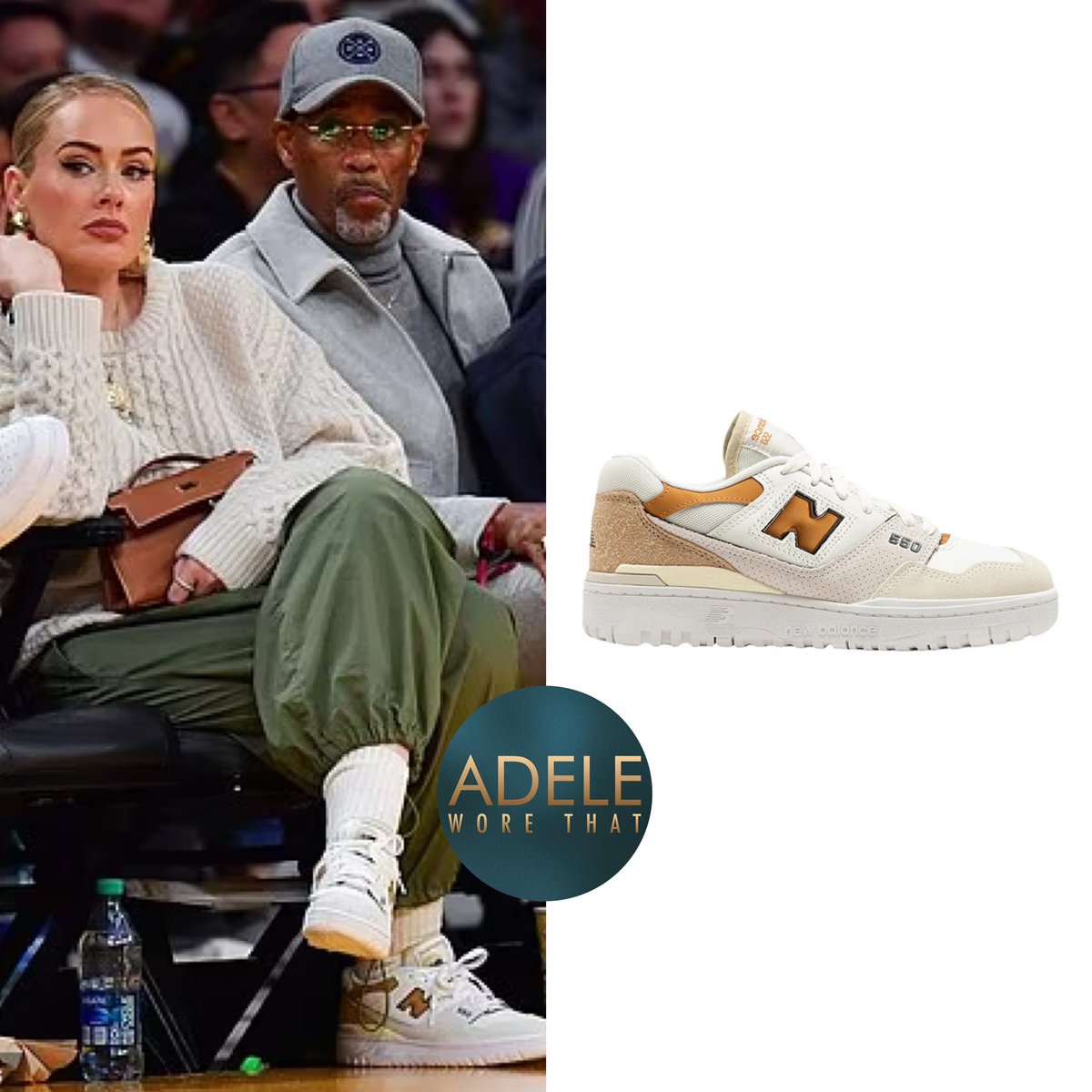 adeleworethat's tweet image. 22|11|23 Adele at Lakers Vs Mavericks in LA

Adele wore:
@toteme cable knit wool sweater £610
@McQueen Aura earrings £450
@Hermes_Paris Kelly pouchette in Gold £15k-25k
@newbalance 550 leather sneakers in sea salt tobacco £120

+ custom jewellery

#adele instagram.com/p/C0B9JrytQCi/…