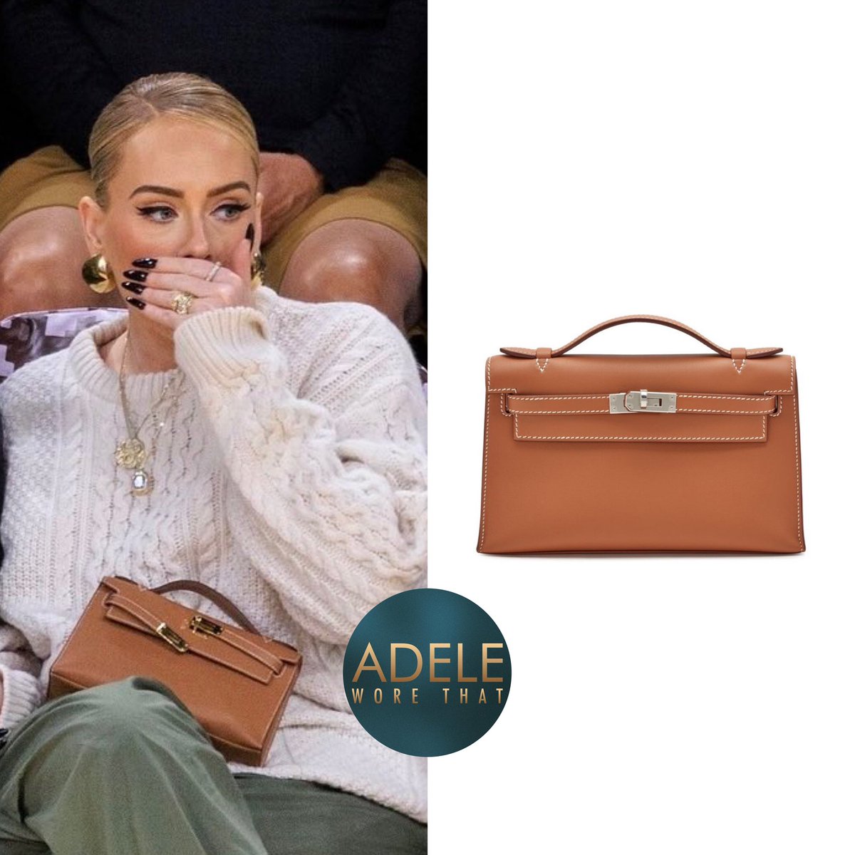 adeleworethat's tweet image. 22|11|23 Adele at Lakers Vs Mavericks in LA

Adele wore:
@toteme cable knit wool sweater £610
@McQueen Aura earrings £450
@Hermes_Paris Kelly pouchette in Gold £15k-25k
@newbalance 550 leather sneakers in sea salt tobacco £120

+ custom jewellery

#adele instagram.com/p/C0B9JrytQCi/…