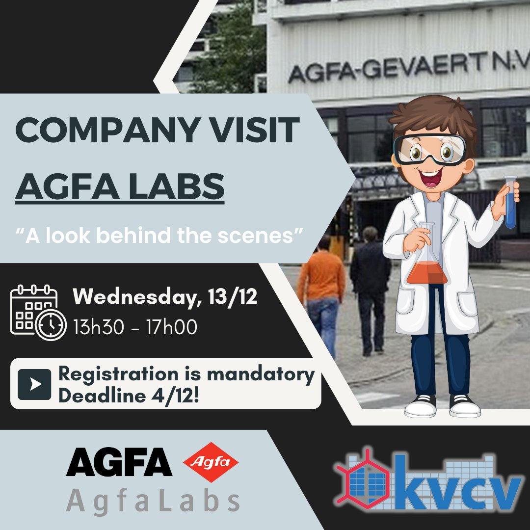 Ever wondered what happens behind the scenes at a cutting-edge chemical company? 🤔 Join us for an exclusive company visit to AgfaLabs organized by KVCV!

🔐 Limited Spots Available! Reserve Yours Now!
📩 How to Register: loom.ly/H0Mt9dE 

See you there!