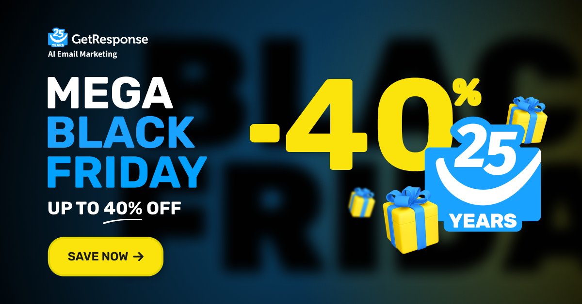 Antgriz's tweet photo. Mega #BlackFriday  with GetResponse your AI Email Marketing Save it now and get 40% off your plan 
Get it now: https://t.co/q0FJO8N6PP
#BlackFriday #AI #EmailMarketing #MarketingDigital #LandingPage https://t.co/LQsgYrH95k