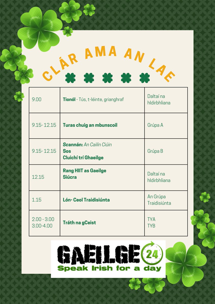 Lá gnóthach a bhí ag Daltaí na hIdirbhliana a ghlac páirt i <a href="/gaeilge24/">Gaeilge24</a> ar an Luan! Lá lán de chluichí, scannán, rang HIIT as Gaeilge, ceol tradisiúnta um lóin agus Tráth na gCeist san iarnóin! Comhghairdeas leo go léir 👏 #beathateangaíalabhairt