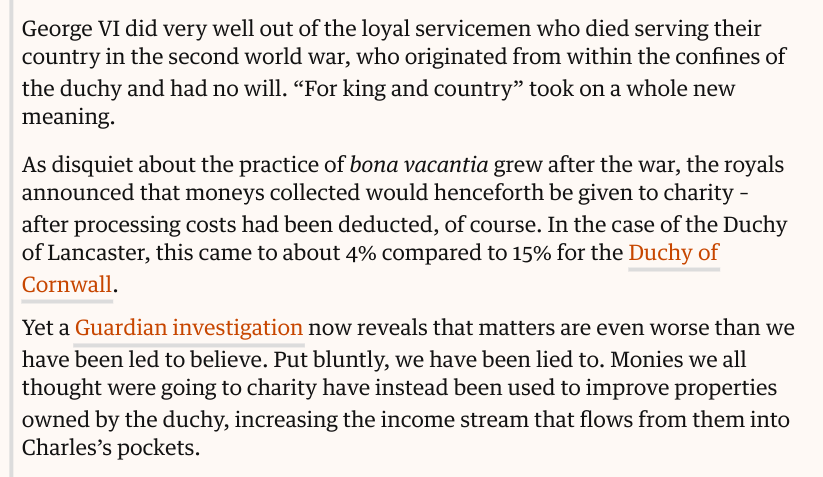 LIAR!
He said the money went to charity. But he's been keeping it himself. 'King' Charles Windsor has pocketed millions in dead people's assets taken by the #DuchyOfLancaster through its #bonavacantia power.
#RoyalFamilyLied #greedywindsors #hiddenpower #NotMyKing #PassTheDuchies