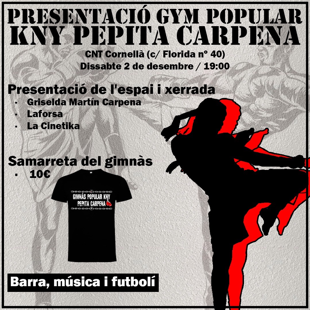 RedMobRB's tweet photo. Presentación del gimnasio popular KNY Pepita Carpena.
Sábado 2 de diciembre (local CNT Cornellà)
#redmob #rebelbrand #fcknzs #antifa #supportyourlocalantifa #antifascist #smashfascism #alwaysantifascist #antifascism #antifaarea #fightfascism #antifascistas #cornellà https://t.co/I7CuUsRv6H