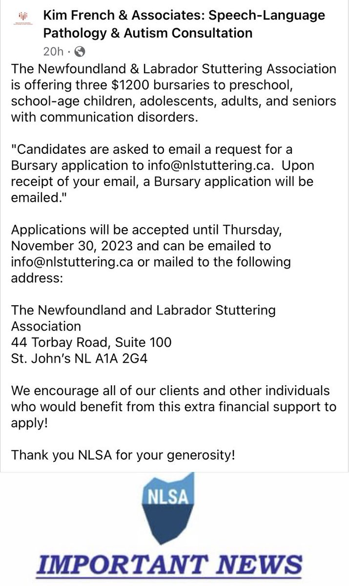 $1200 Bursary Application Deadline approaching next week - Nov 30. Be sure to share this great opportunity. Kim French and Associates are fabulous to work with too if you are looking for a speech pathologist! @skhmavericks @NLESDCA @SISNLESD