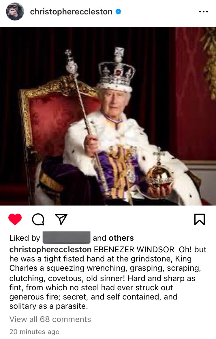 babe wake up christopher eccleston made a new instagram post where he insults the royal family and calls them parasite