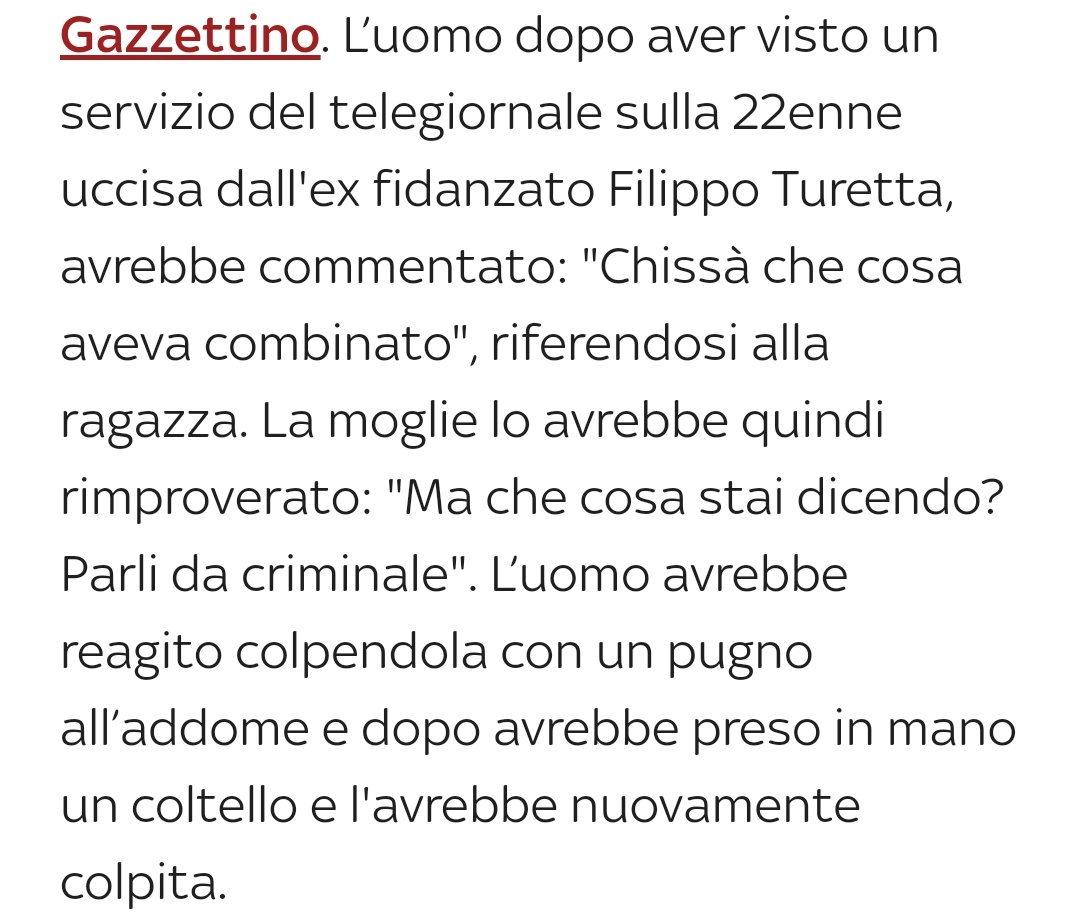 una donna ha difeso Giulia Cecchettin da una battuta misogina del marito e il marito l'ha accoltellata.

il coraggio con cui negate l'esistenza del patriarcato, della misoginia e della violenza di genere con notizie simili ogni giorno, è agghiacciante

Non dovete dormire la notte
