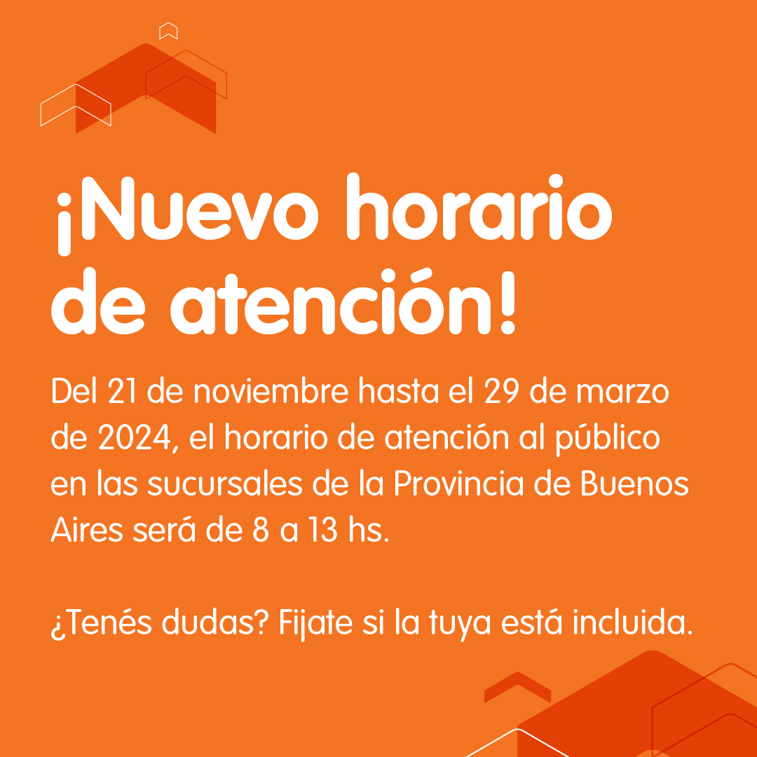 BcoHipotecario's tweet photo. 🚨¡Nuevo horario de atención!🚨

A partir del 21 de noviembre hasta el 29 de marzo de 2024, según el nuevo Decreto de la Provincia de Buenos Aires, el horario de atención en estas sucursales será de 8 a 13 hs.

¿Tenés dudas? Fijate si la tuya está incluída.