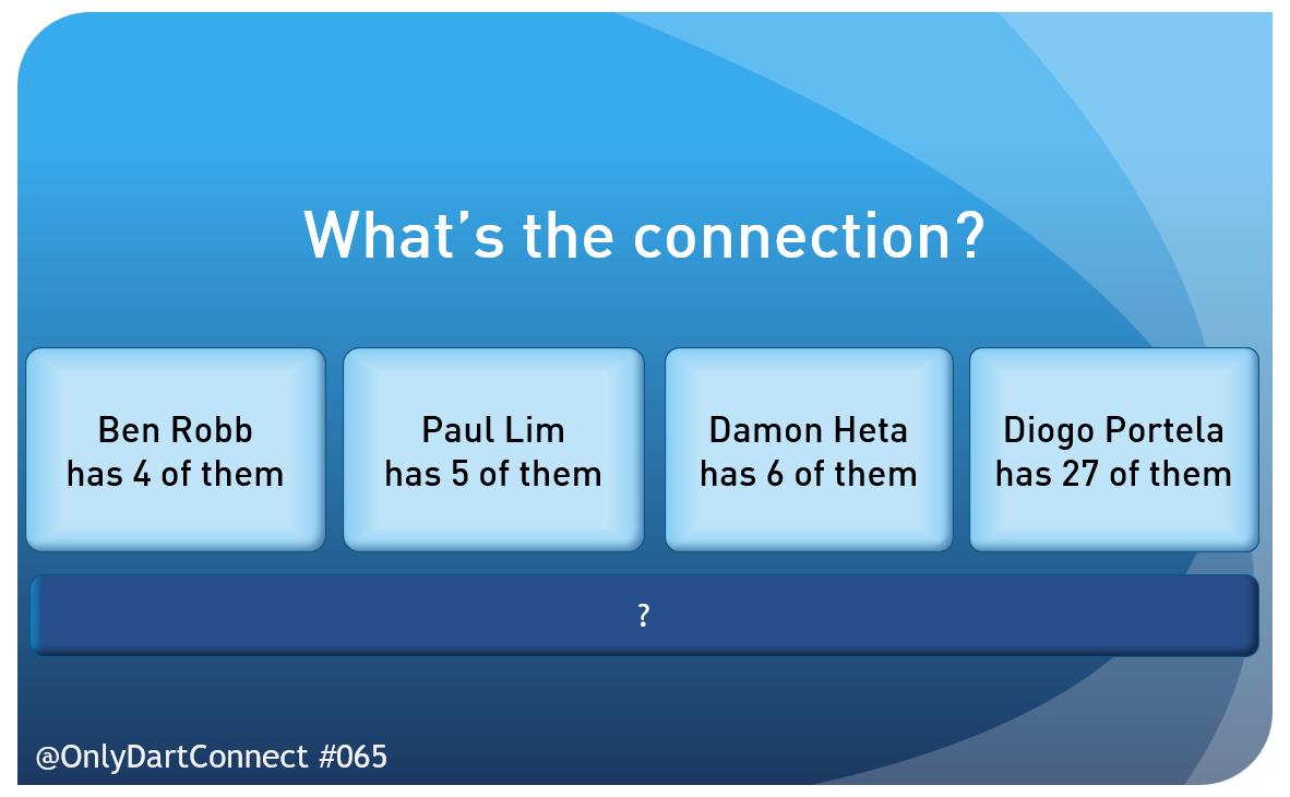 OnlyDartConnect's tweet photo. ONLY DARTCONNECT #065 - Connection

What is the connection between these four clues?

Quote with your answer!

(Likes/RTs appreciated!) https://t.co/IY9yCy5JtA