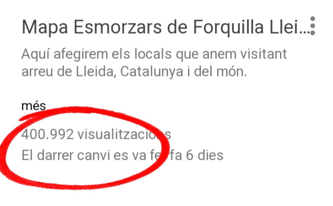 Avui és un dia per estar content😍

El meu mapa al web esmorzarsdeforquilla.cat , acaba de superar les 400.000 visites en menys de 3 anys🙄

Trobareu més de 200 locals d'arreu visitats per mi, amb les imatges i escrit a xarxes de la visita🕵🏻‍♂️

RT plis, hi ha molta feina darrera🙏🏻