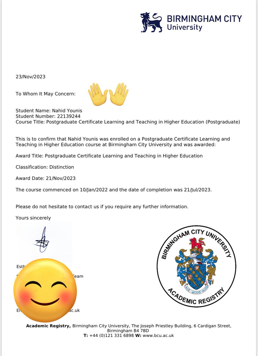 NAHID YOUNIS (@nahid_younis) on Twitter photo Celebrating success!
Started working <a href="/MyBCU/">Birmingham City University</a> as an AL, then Lecturer after 1.5yrs. Received my Confirmation of PG Cert Award with Distinction yesterday & secured my Senior Lecturer post all within 3 yrs!
I am proud to say I love my job!
Masha’Allah (God has willed it!)
<a href="/BCUHELS/">BCU HELS</a> Celebrating success!
Started working <a href="/MyBCU/">Birmingham City University</a> as an AL, then Lecturer after 1.5yrs. Received my Confirmation of PG Cert Award with Distinction yesterday & secured my Senior Lecturer post all within 3 yrs!
I am proud to say I love my job!
Masha’Allah (God has willed it!)
<a href="/BCUHELS/">BCU HELS</a>
