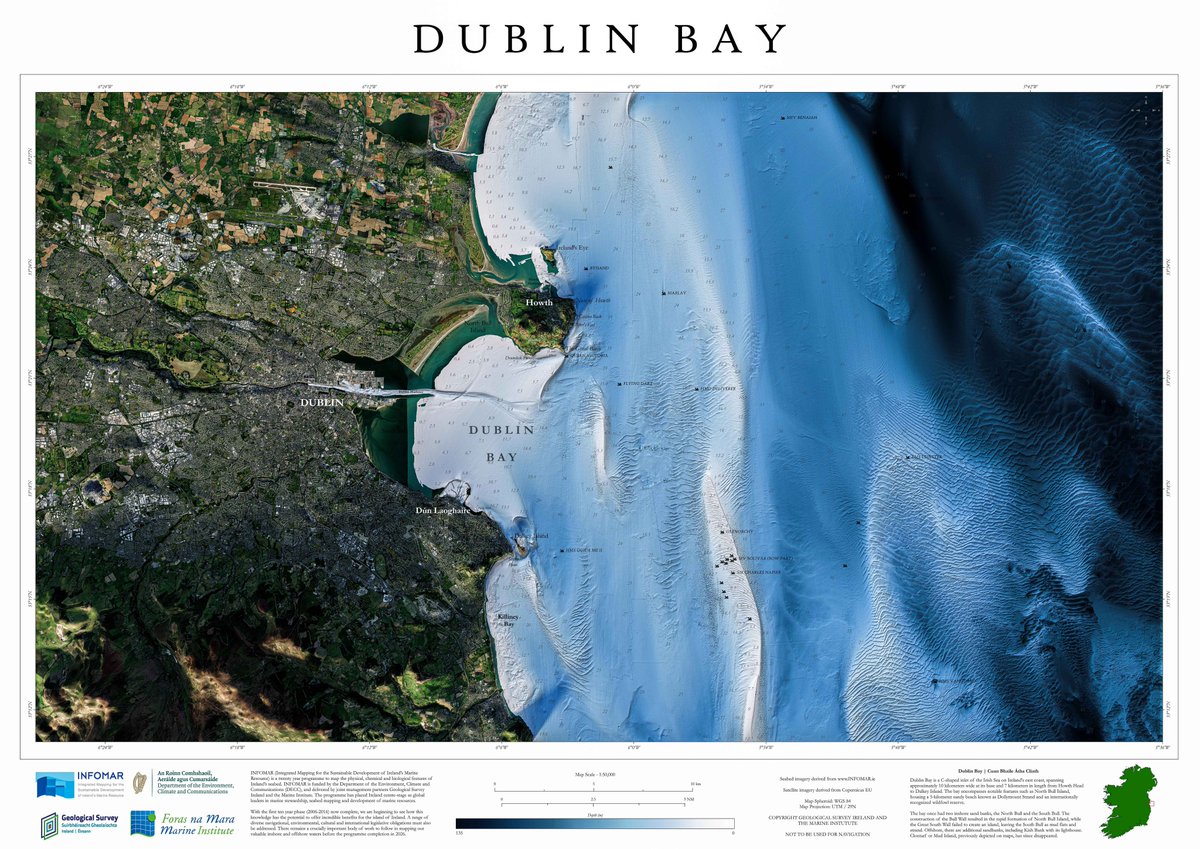 INFOMAR Bluescale Series Map #16 is #Dublin Bay! From Captain Bligh to Ireland's Eye, this seabed is steeped in a rich maritime history, navigational hazards and tragic sinkings. This is one for the wall. HD Download📷bit.ly/3qpT5Xd @Dept_ECC @GeolSurvIE @MarineInst