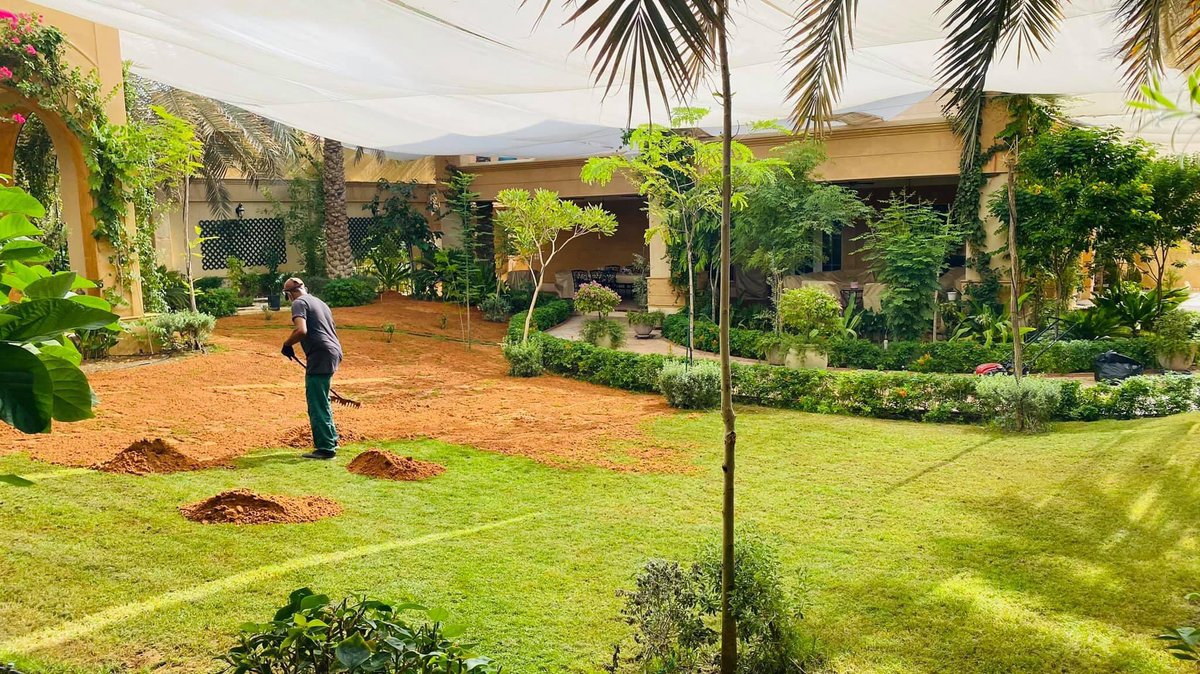 #صيانة_النجيل
من أهم عمليات الصيانة الدورية التي تجري النجيل وتبدأ عند انخفاض درجات الحرارة ونبدأ اولاً قص النجيل على الزيرو ثم نجهز خليط من التربة الرمليه الناعمة الخالية من الاملاح بنسبة 80٪ ونسبة 10٪ بيتموس الماني و10٪ كومبوست معالج وسماد مركب محبب 17+12+12 ومبيد لحشرات التربة