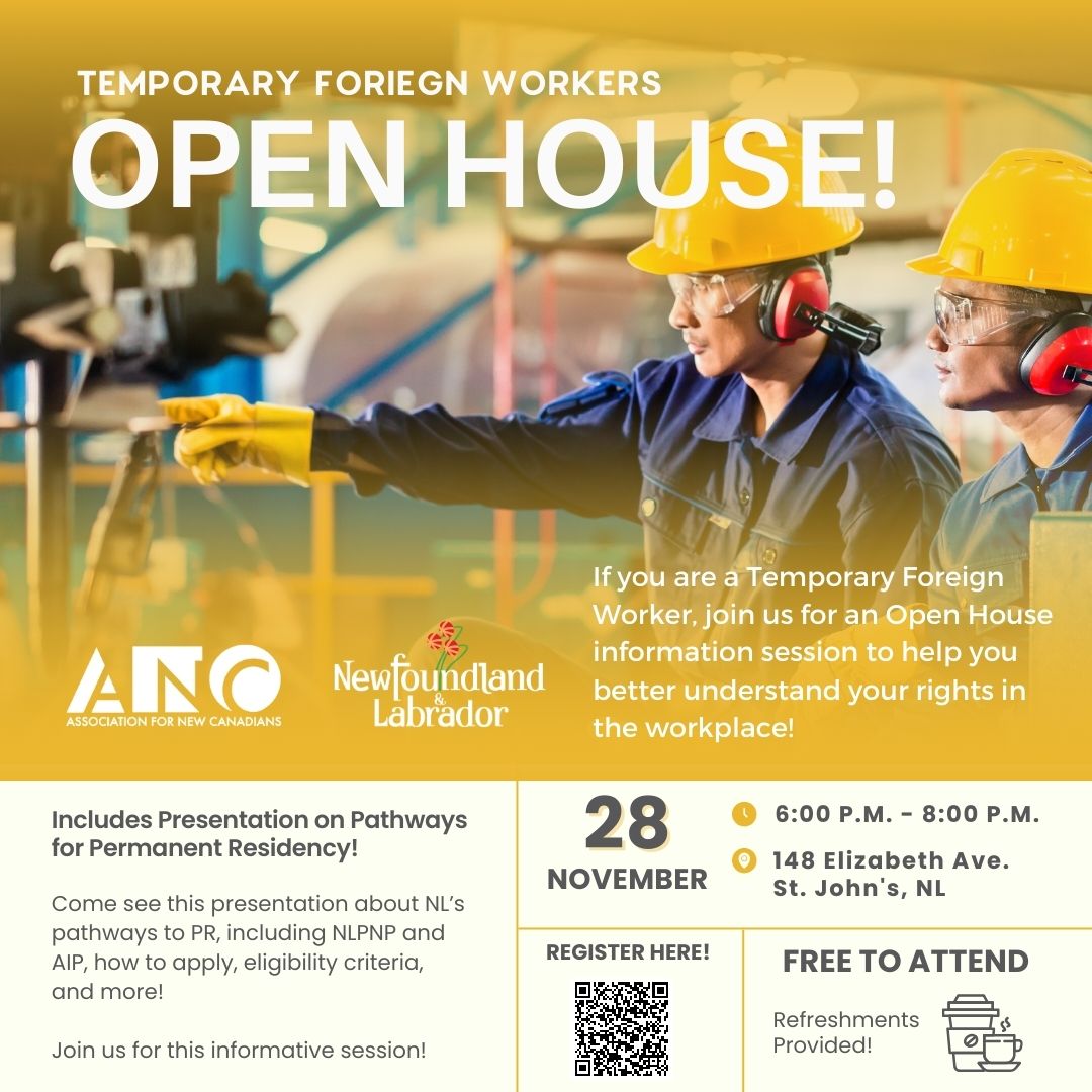 Temporary Foreign Workers! Join us for an open house on November 28. It will be held from 6:00 - 8:00 p.m. at 148 Elizabeth Ave. Free to attend!

Register here! bit.ly/3SdZGzh

This session is in partnership with the NL Gov. and includes presentation on pathways for PR!