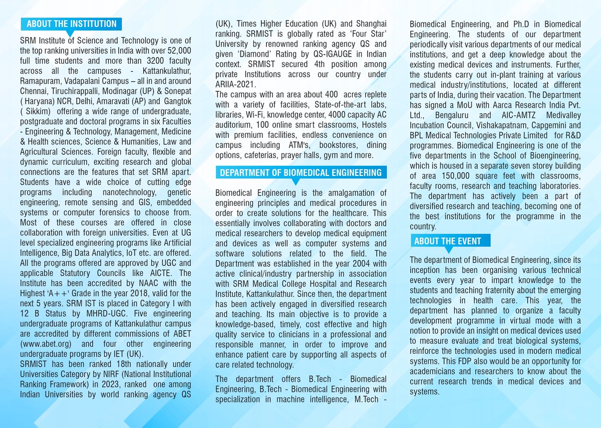 Five day #FDP  on "Modern Medical Instrumentation" between 4-8th Dec, in association with Biomedical Engineering Society of India (#BMESI). Organizers by Dr .G. ANITHA and Dr. Kathirvelu D. 

No Registration fee. 

We welcome interested faculty and students to attend the #FDP.