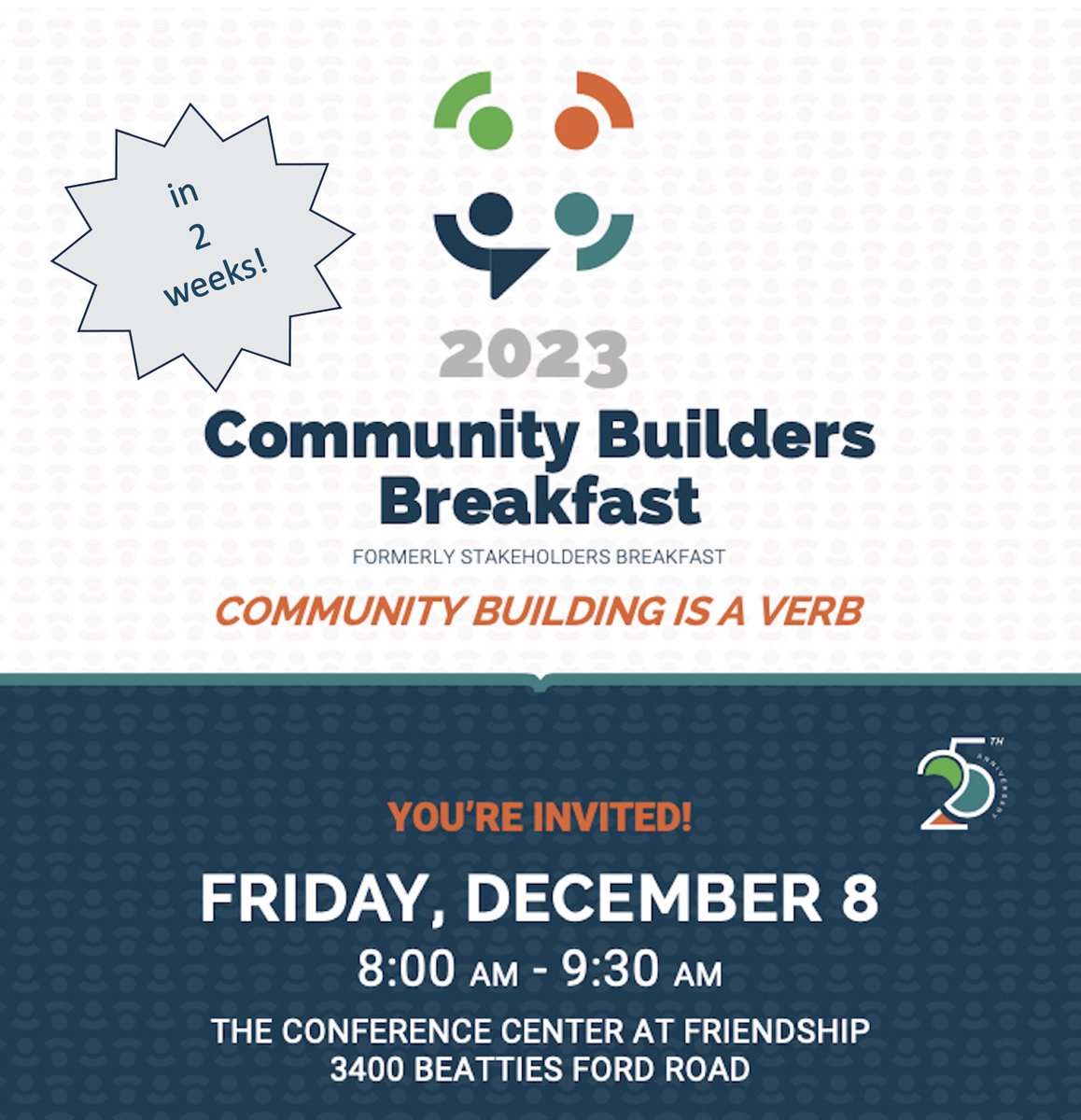 We're only two weeks away from our Community Builders Breakfast!  Seats are going fast, so don't wait to get yours.  Register to attend at loom.ly/-qOQdXQ
#CBICharlotte #CommunityBuildingIsAVerb