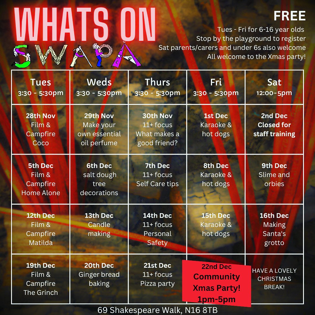 Join us at Shakespeare Walk Adventure Playground in the run up to Christmas. There’s lots going on! #adventureplayground #free #children #teens #families #afterschool #saturday #films #karaoke #crafts