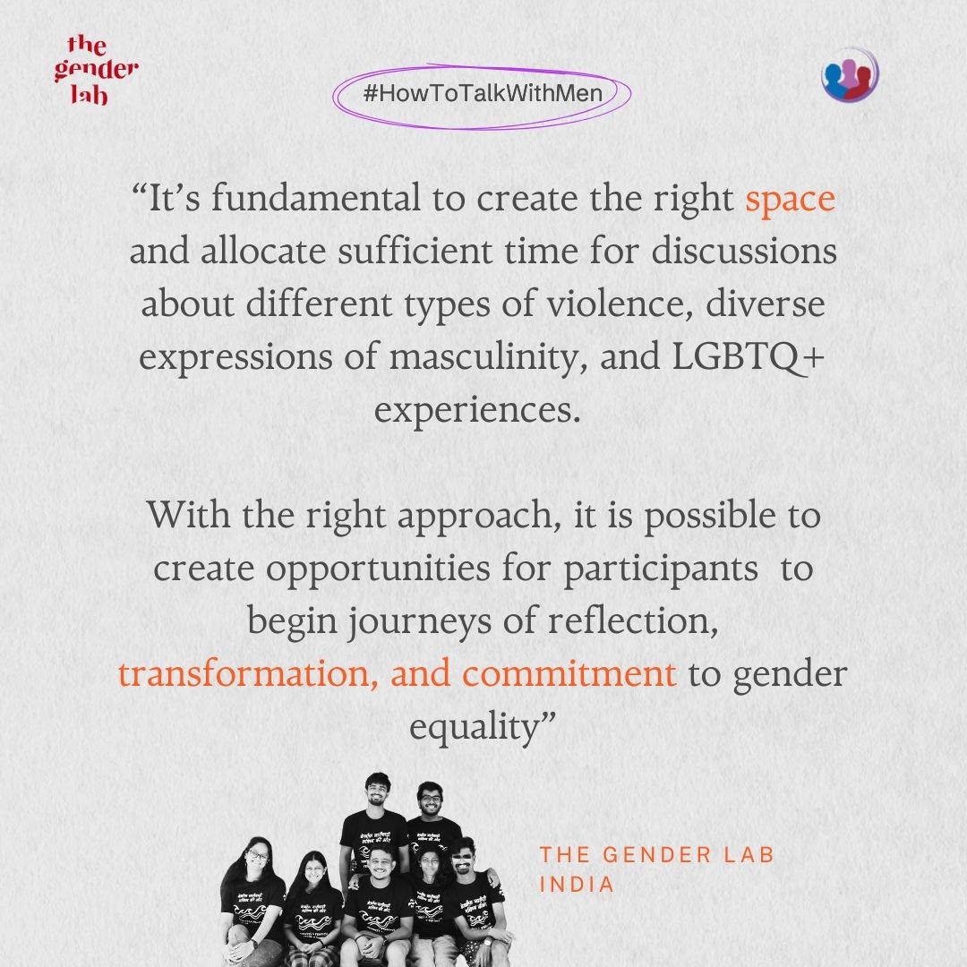 🗣️@thegenderlab, an #India-based #youth organization, joins #HowToTalkWithMen campaign, stressing the need for role models for boys to embrace alternative masculinities and promote #GenderEquity See their full insights at our instagram page: instagram.com/menengage