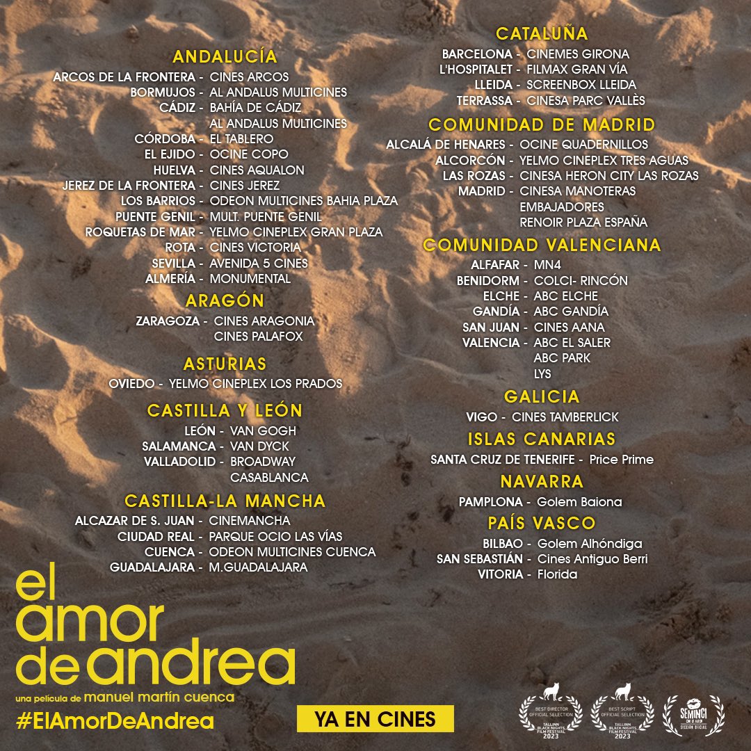 Hoy llega a todos estos cines #ElAmorDeAndrea, de Manuel Martín Cuenca. Una película sensible y luminosa sobre el amor, la familia y el desencanto. Con música de Vetusta Morla. No os la perdais.