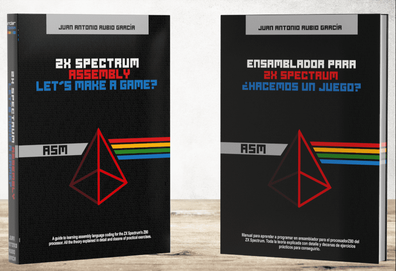 ZX Spectrum Assembly. Let's make a game?
Available on Amazon.
ASIN: B0CNS74JWL, B0CNSW9HW7 and B0CNSNMJC8.

Ensamblador para ZX Spectrum. ¿Hacemos un juego?
Disponible en Amazon.
ASIN: B0C91HS5FF, B0C8QW1G55 y B0C8RBK7QF.