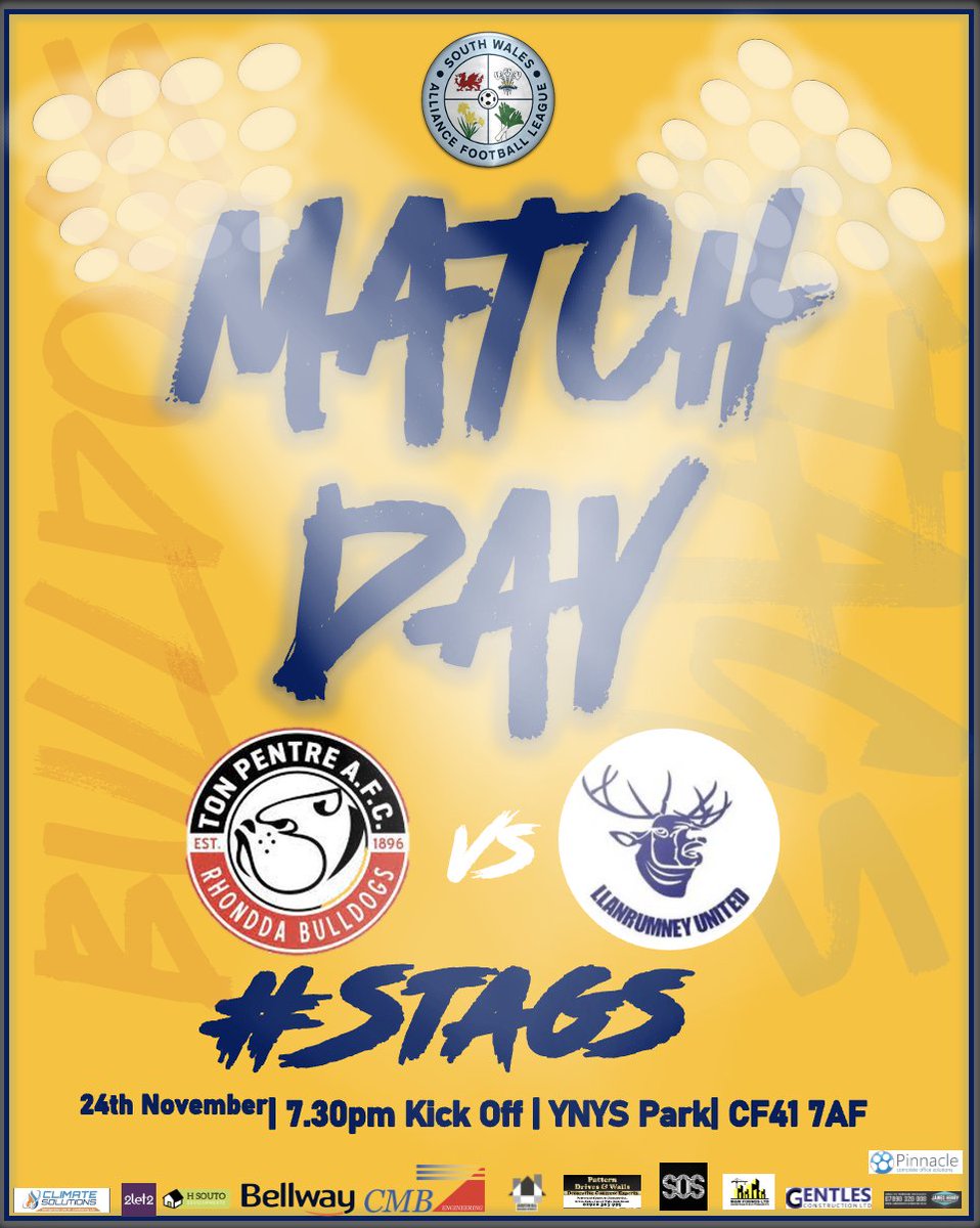 Its Match Day as we travel to play @TonPentreFC Away Under the lights. 

Kick off 7.30 pm 
Ynys Park, Ton Pentre, CF41 7AF 

#STAGS 🦌
