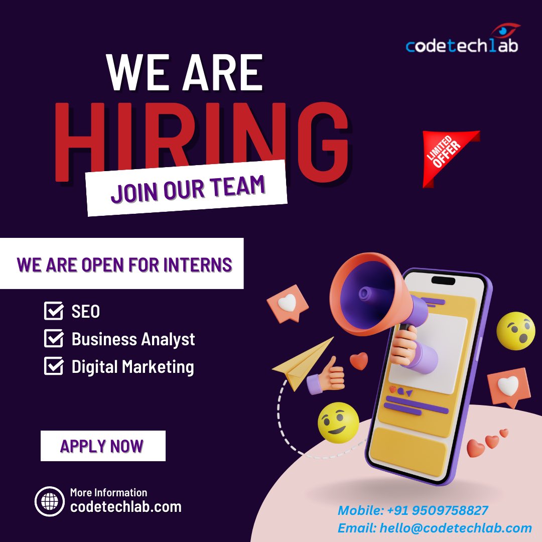 CodeTechLab's tweet photo. @CodeTechLab  urgent hiring for interns
Note : this is unpaid internship 
Location : remote 
Student will get 6 month internship letter 
#Internships #Training #institute #codetechlab #tranding #JoinAndWin #JoinOurTeam #FutureOfWork #learning https://t.co/56agw1dioy