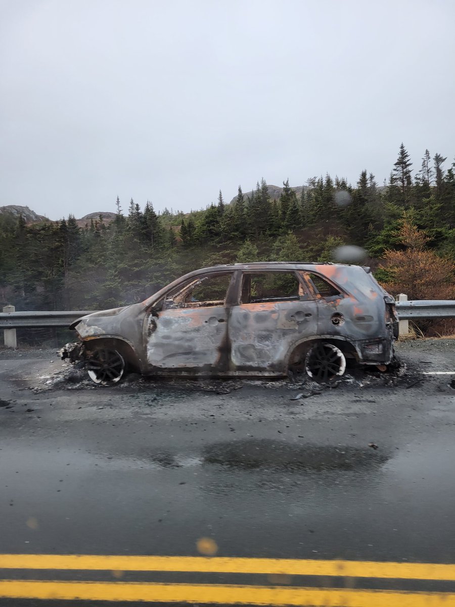 TCH reduced to 1 lane just West of Chance Cove turn off #nltraffic car still smoldering.