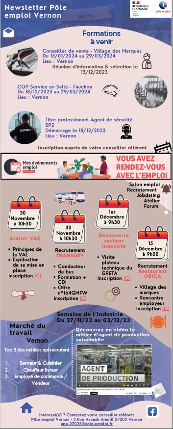 La newsletter de l'agence @Poleemploi_Ndie de #VERNON  vient d'être adressée à tous les demandeurs d'emploi via leur espace personnel. Cliquez pour agrandir l'image