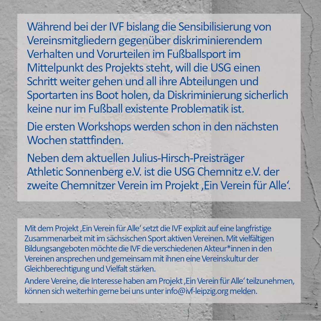 'Ein Verein für Alle' wächst weiter!

Wir freuen uns sehr mit der USG Chemnitz den nächsten Verein bei unserem Projekt 'Ein Verein für Alle' begrüßen zu können!

#EinVereinfürAlle #Fußball #Sachsen #diversity #Vielfalt #Diversität #Diskriminierung