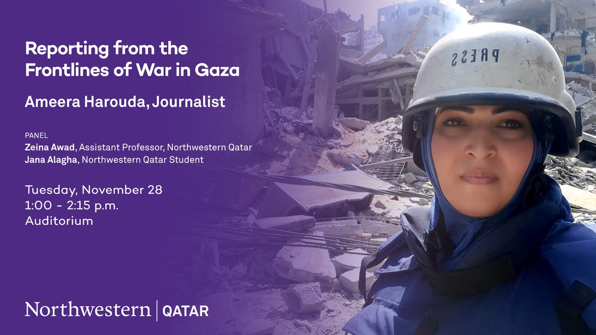 Northwestern Qatar (@nuqatar) on Twitter photo ๐๏ธ Happening on campus:
Palestinian journalist Ameera Harouda joins Professor <a href="/Zeina_Awad/">zeina awad</a> and Jana Alagha โ24 for a community conversation on her experience at the forefront of the coverage of the ongoing war in Gaza hosted by the Journalism and Strategic Communication Program. ๐๏ธ Happening on campus:
Palestinian journalist Ameera Harouda joins Professor <a href="/Zeina_Awad/">zeina awad</a> and Jana Alagha โ24 for a community conversation on her experience at the forefront of the coverage of the ongoing war in Gaza hosted by the Journalism and Strategic Communication Program.